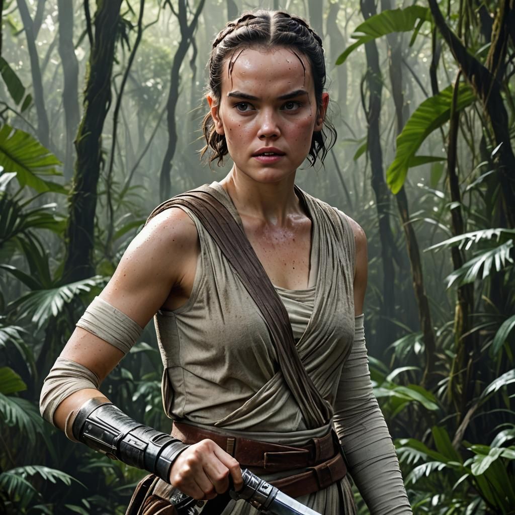 Rey Skywalker in Jungle with Lightsaber, Close-up