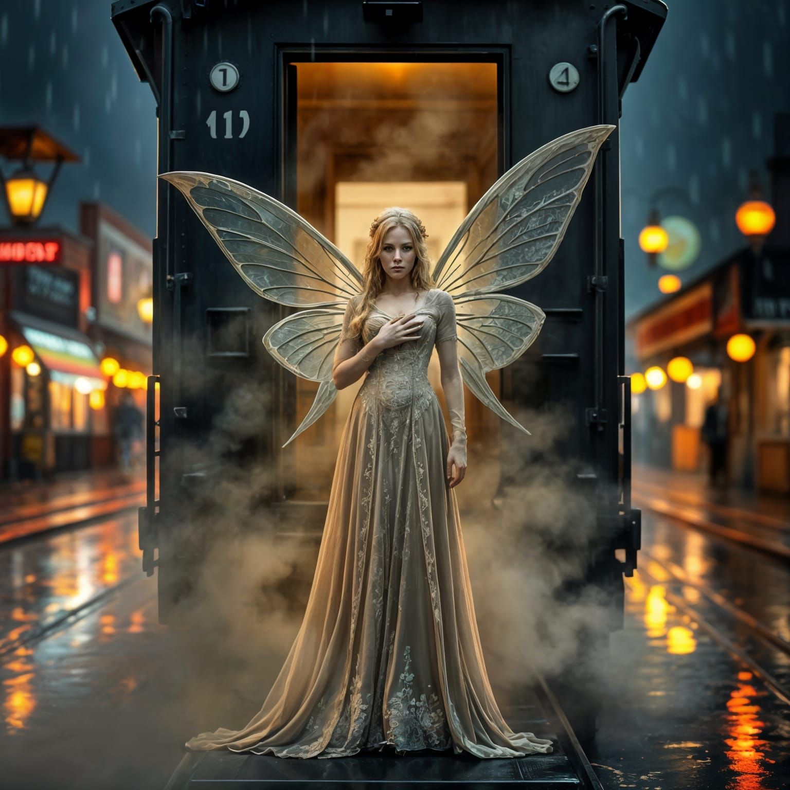 Mystical Fairy Emerges from Steam Locomotive in Rainy Citysc...