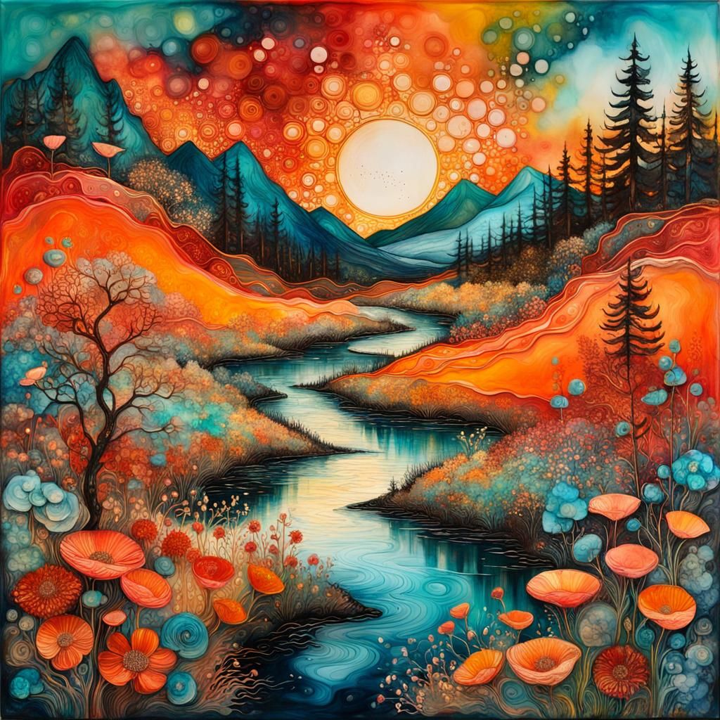 Dreamlike Spring Landscape in Encaustic Style