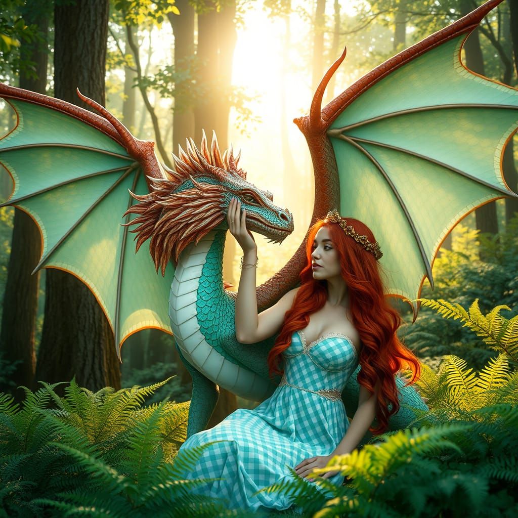 Regal Dragon in Gingham Print Skin Surrounded by Lush Forest