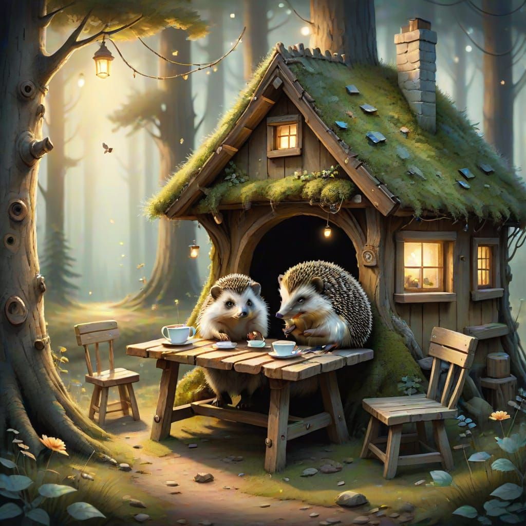 Whimsical Forest Scene with Hedgehog and Bear in Cozy Cottag...