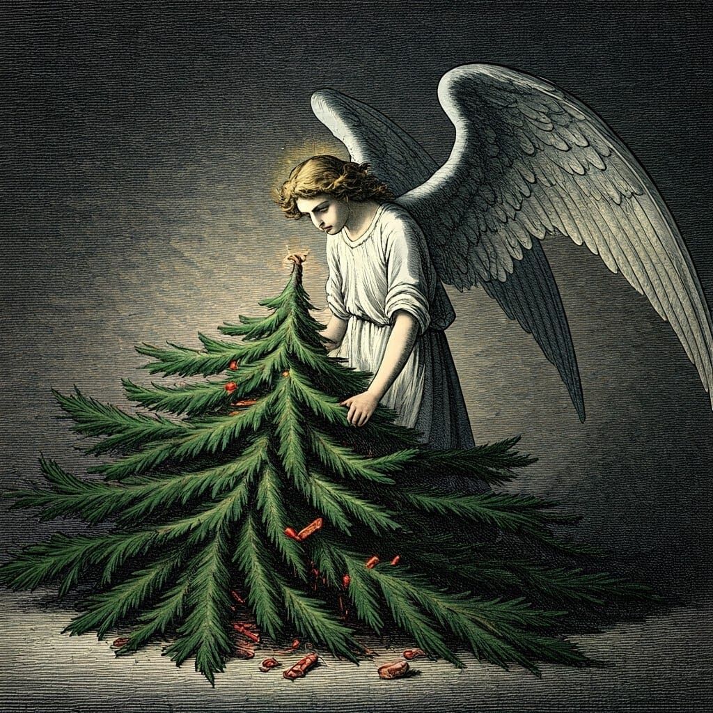 Malignant Christmas Angel Smites a Christmas Tree in a Dark,...
