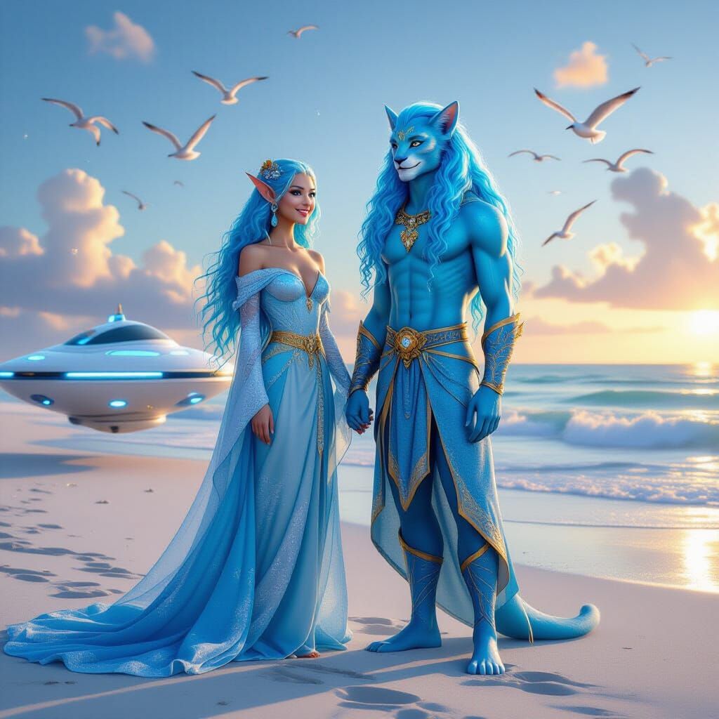 Smiling Blue Alien Woman on a Beach at Dawn