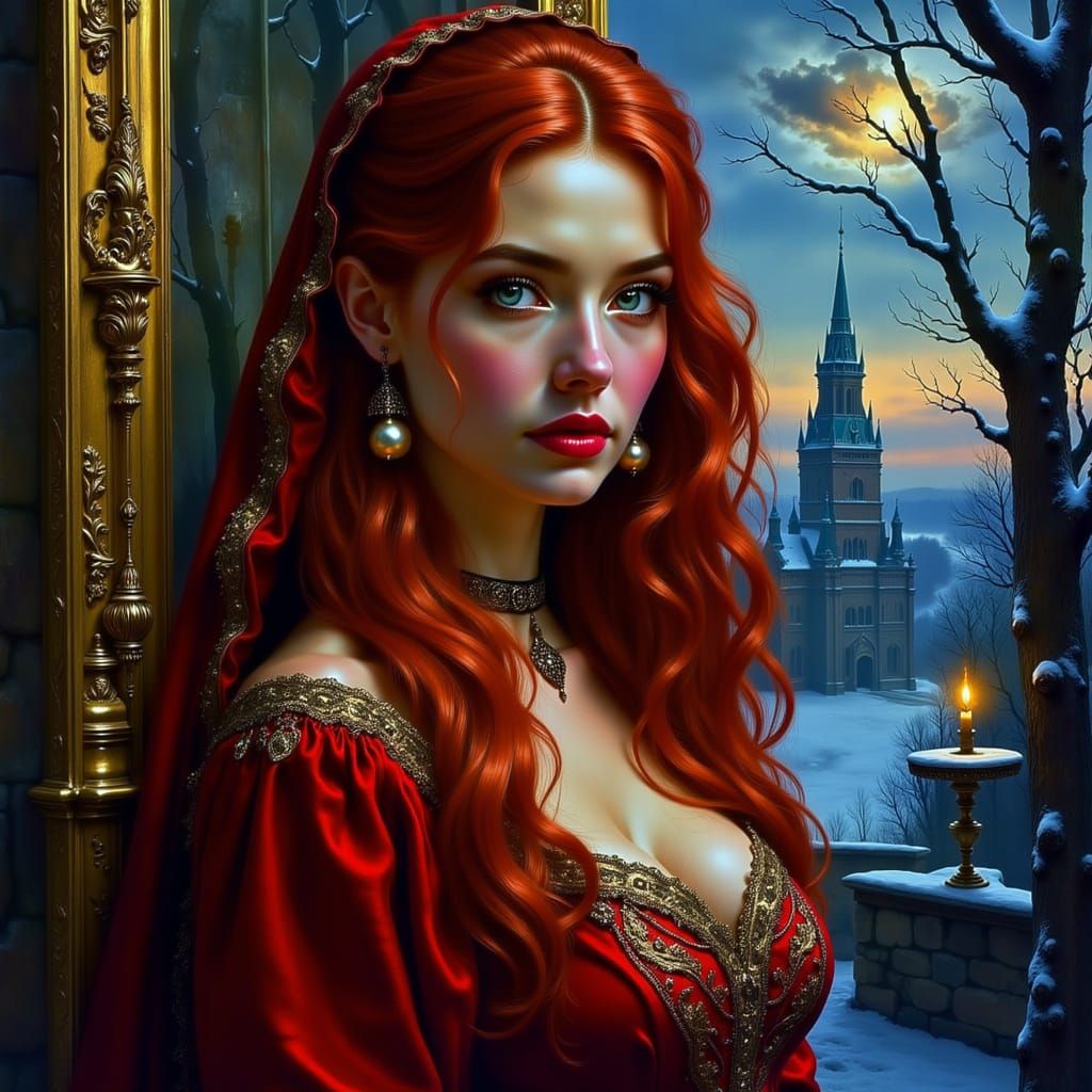 Red-Braided Tsarina Overlooking Snowy Moscow, Gazing at Nebu...