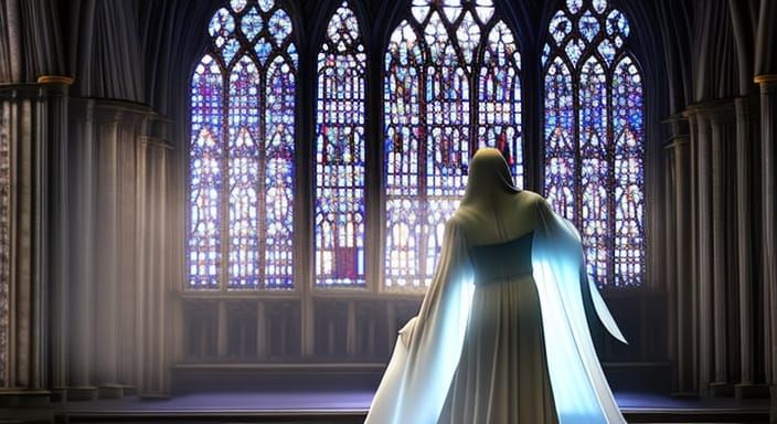 Ghostly Apparition in Gothic Cathedral, Dark Fantasy Art