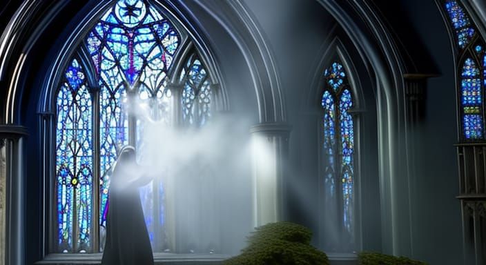 Ghostly Apparition in Gothic Cathedral, Dark Fantasy Art