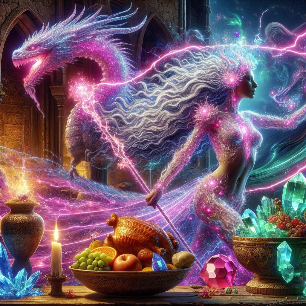 Radiant Woman with Crystal Dragon in Gothic Castle