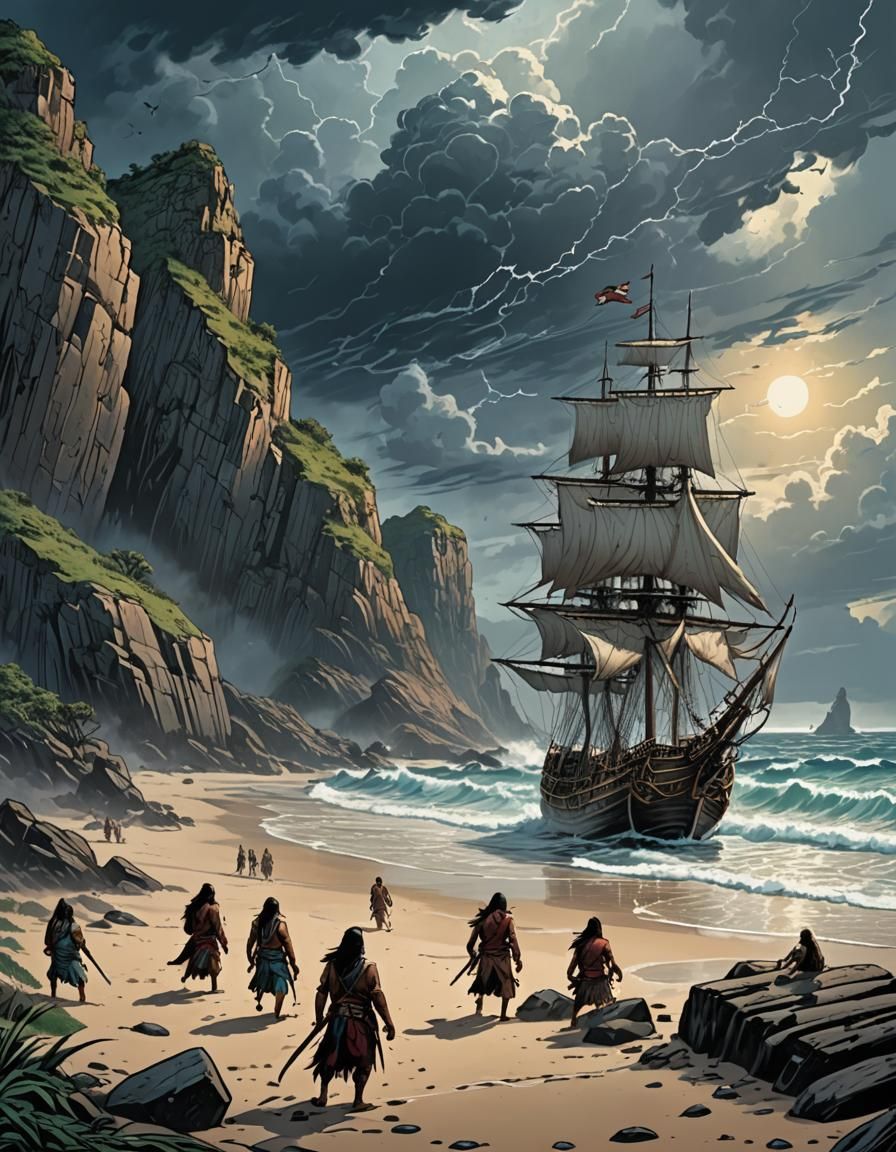 Stormy Beach Scene with Galleon in Comic Art Style