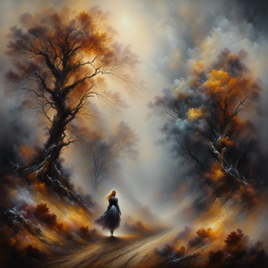 Misty Forest Path in Autumn Landscape Painting