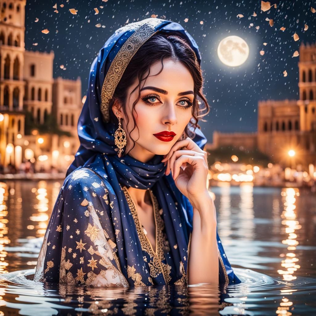 Moroccan Woman Reflected in Moonlit Waters