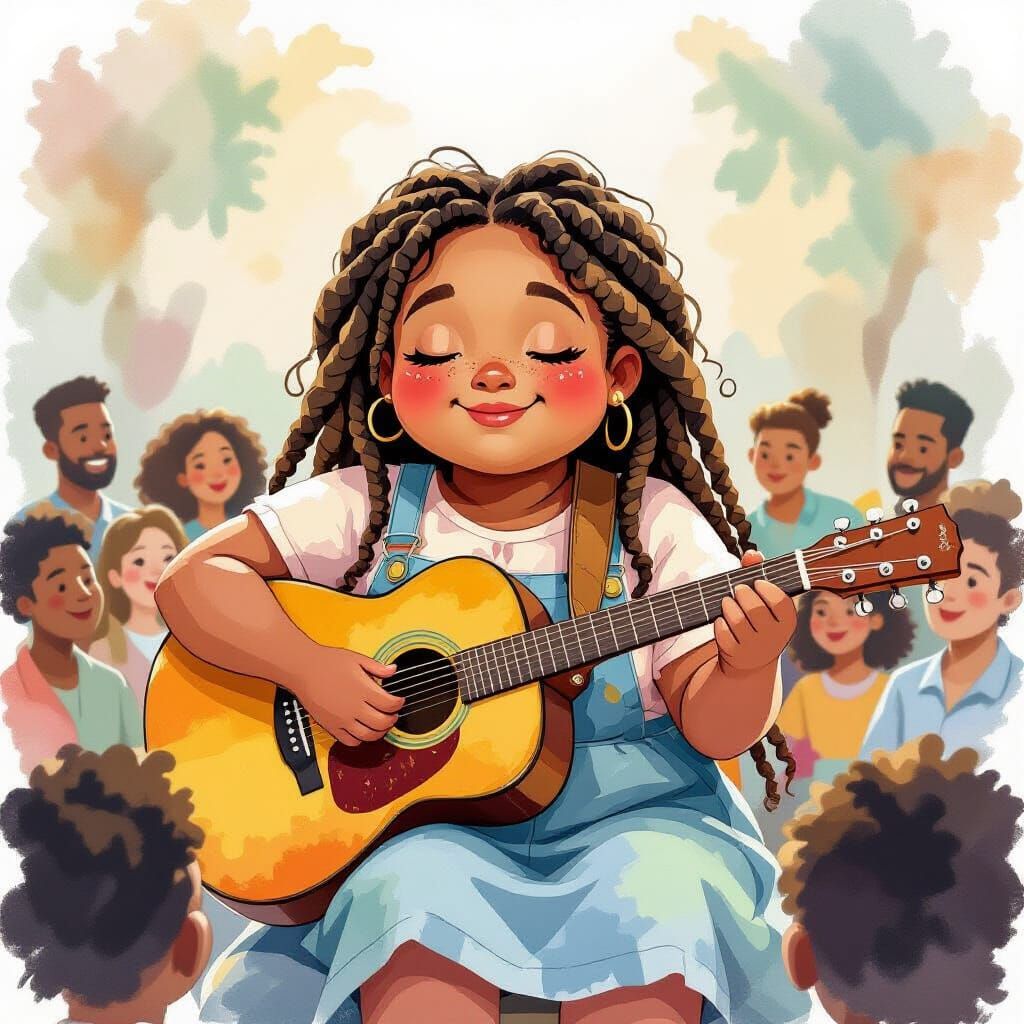 Girl with Guitar in Watercolor Style