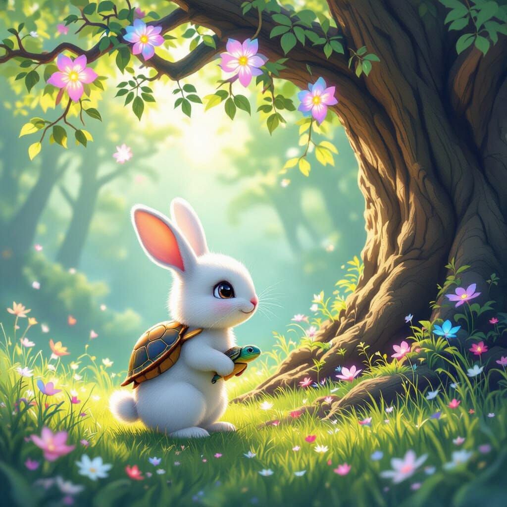 Gentle Rabbit Rescues Turtle in Magical Forest