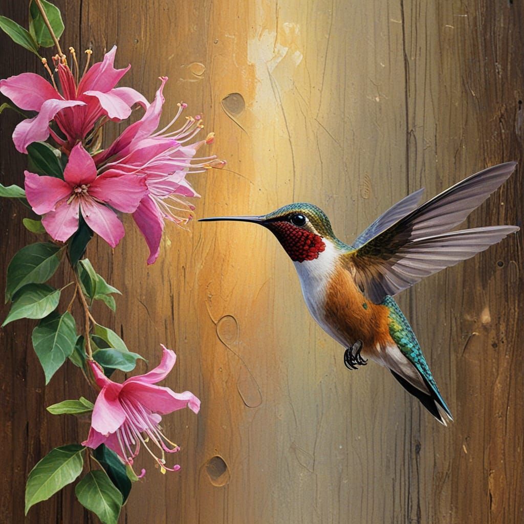 Impressionist Whimsy: Hummingbird on Weathered Wood