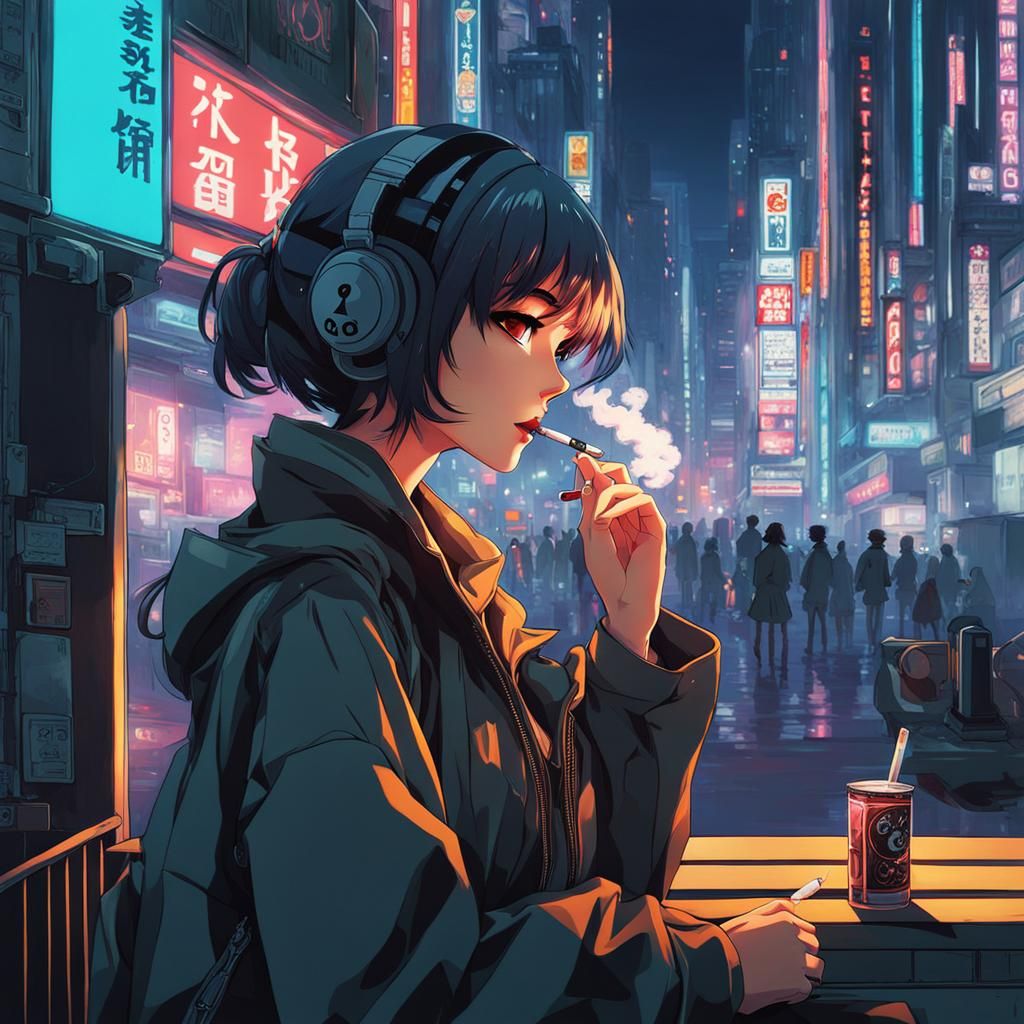 Anime Girl Smoking in Lofi Cyberpunk Setting