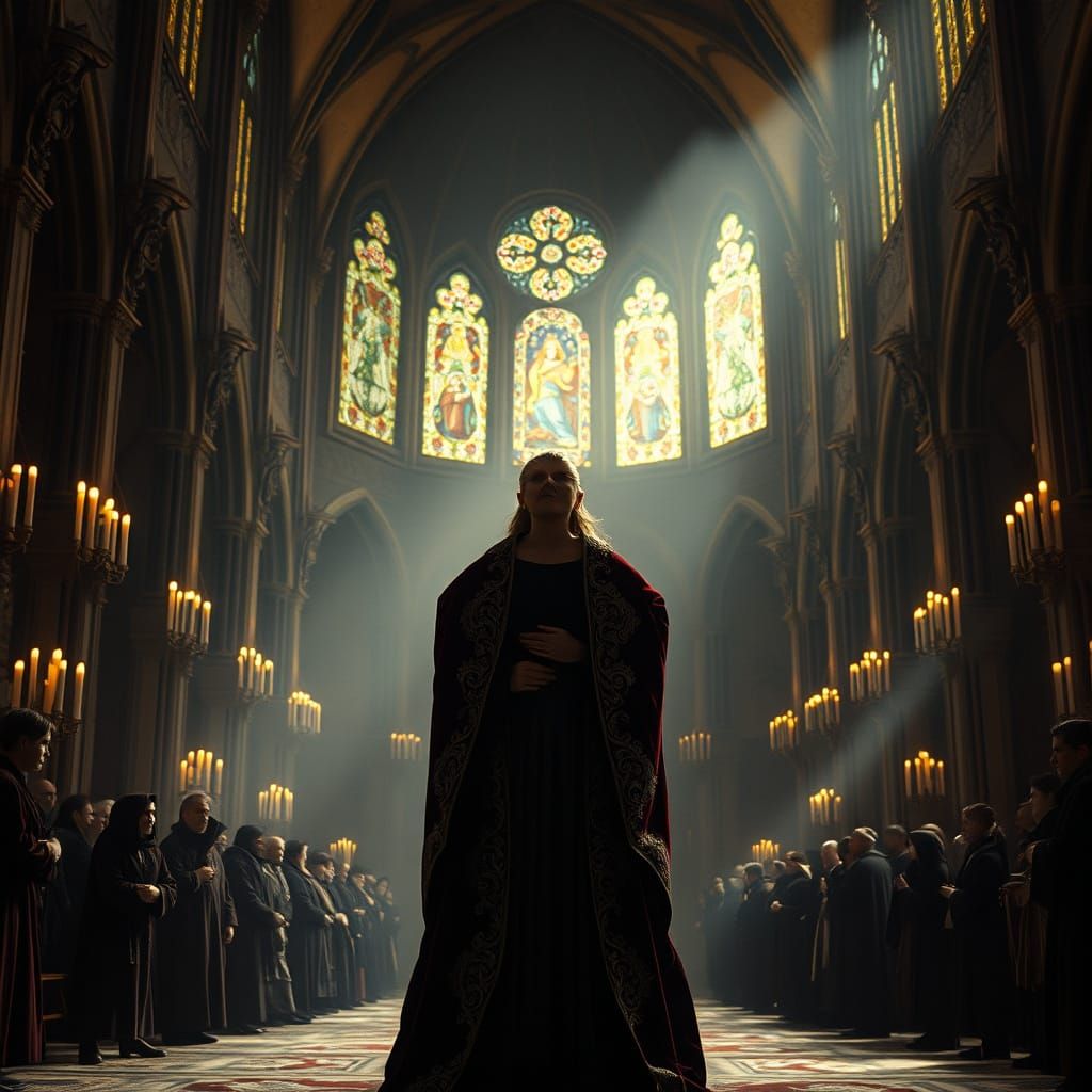 Regal Priestess in Medieval Temple, Dark Fantasy Cinematic A...