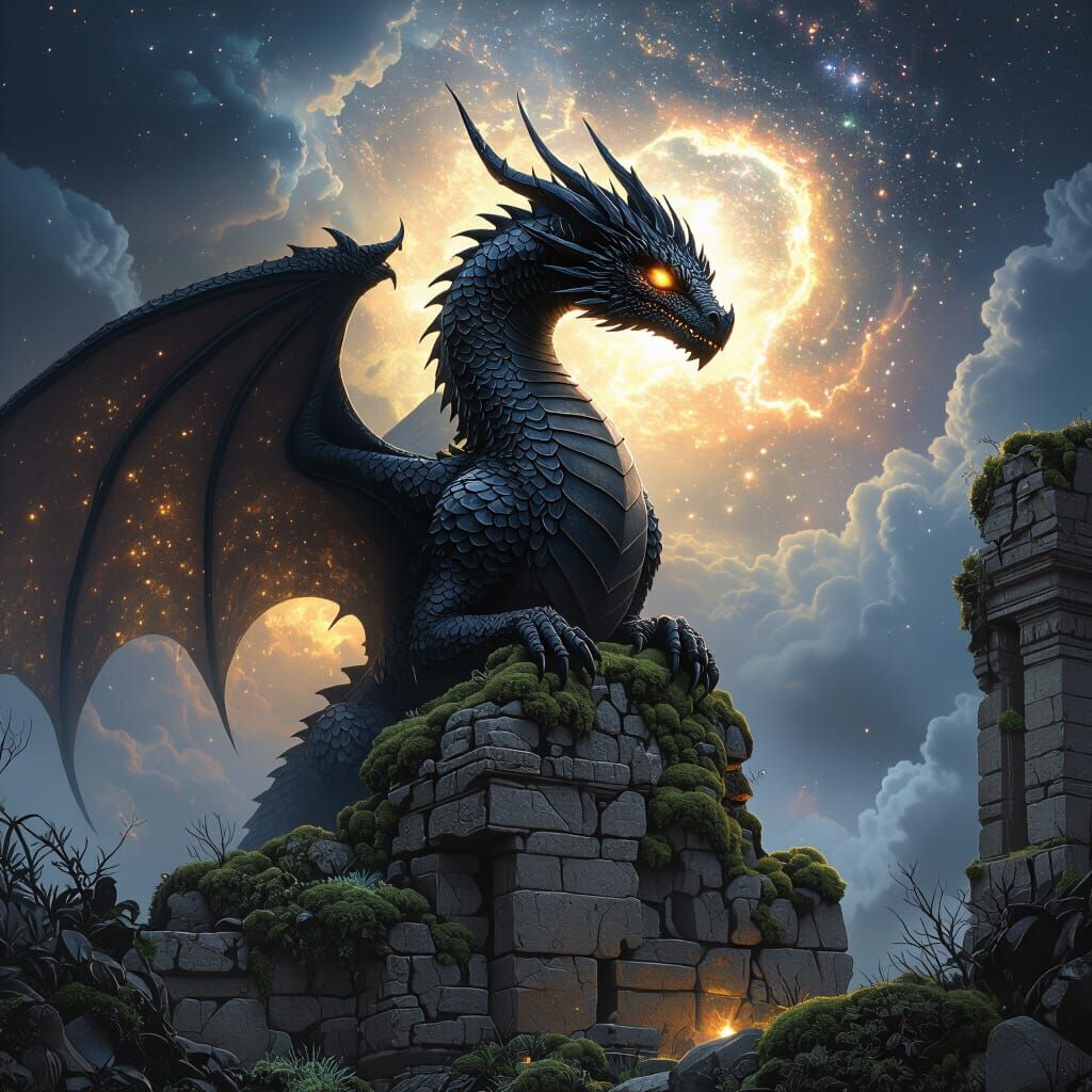 Obsidian Dragon Perched on Ancient Ruins