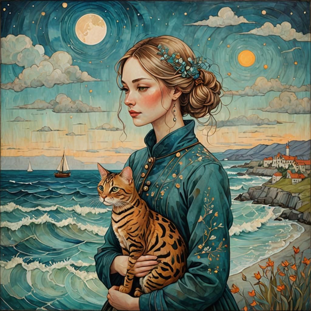 Woman and Bengal Cat: Whimsical Encaustic Painting