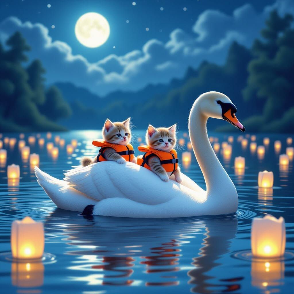 Kittens on Swan in Moonlit Lantern Lake