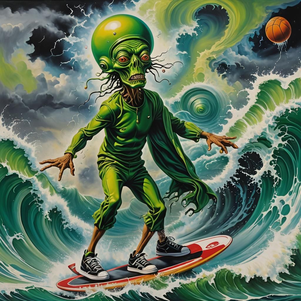 Alien Surfer on Tsunami Wave in Surrealist Style