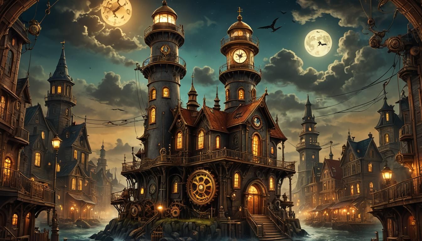 Steampunk Lighthouse at Night: A Digital Masterpiece