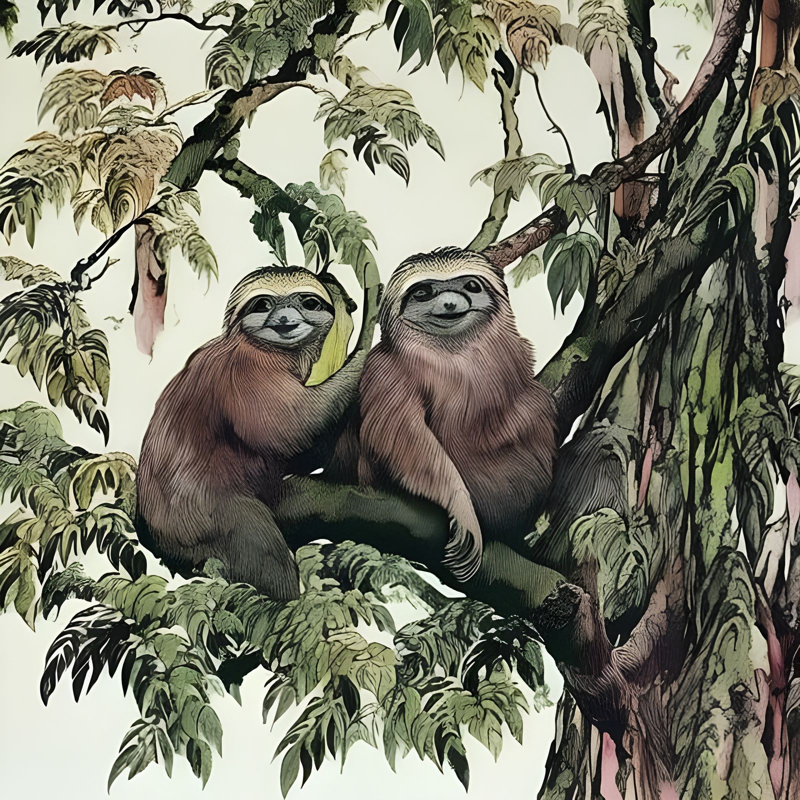 Cute Sloth in Forest: Chinese Ink Wash