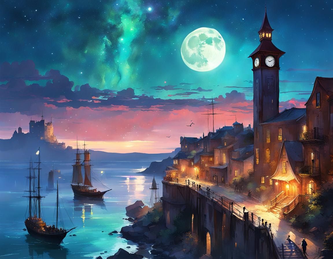Enchanted Clocktower Overlooking Midnight Seascape, Manga St...