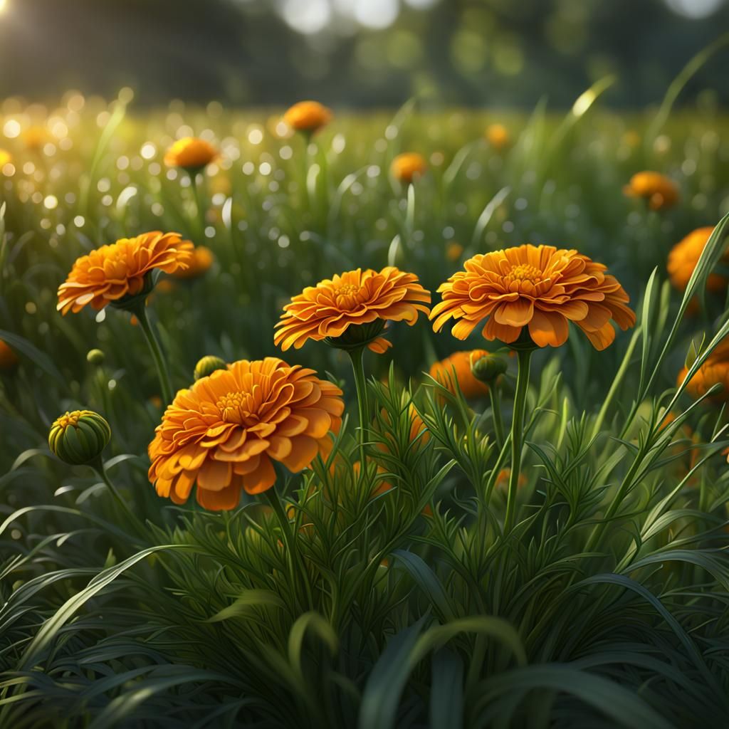 Grassy Field of Marigolds