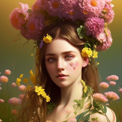 Girl in Flower Dress Portrait, Hyperdetailed Art