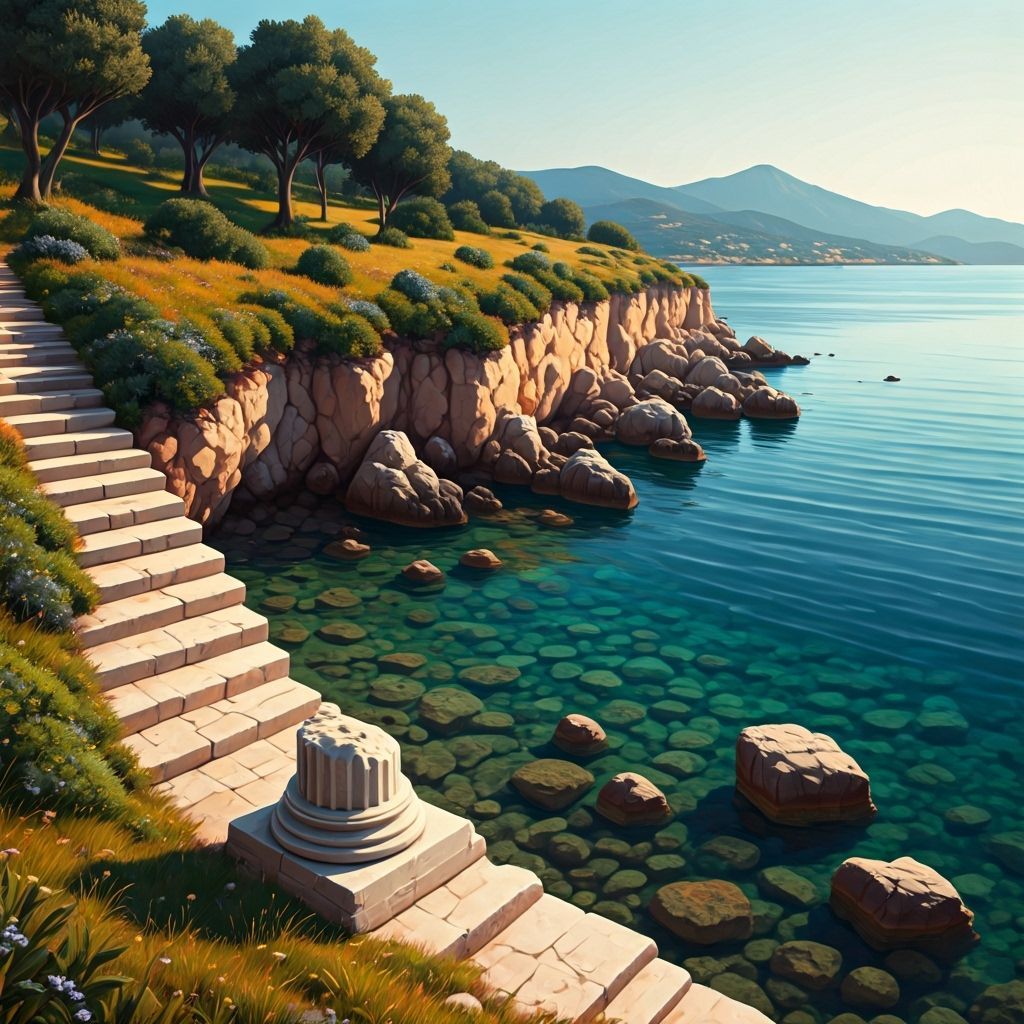 Aegean Sea Scene with Ruined Column, Sun-Kissed Style