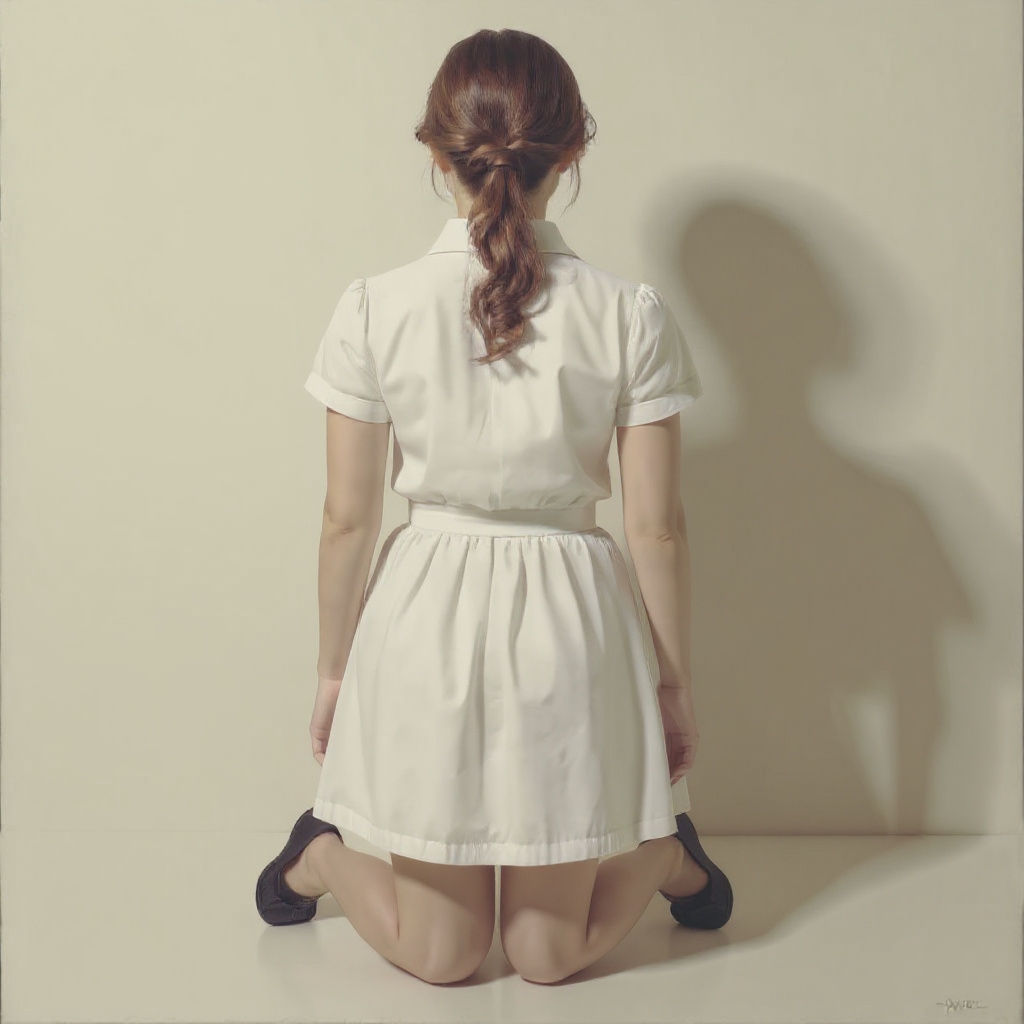 Nervous Student in English Uniform Faces Classroom Wall