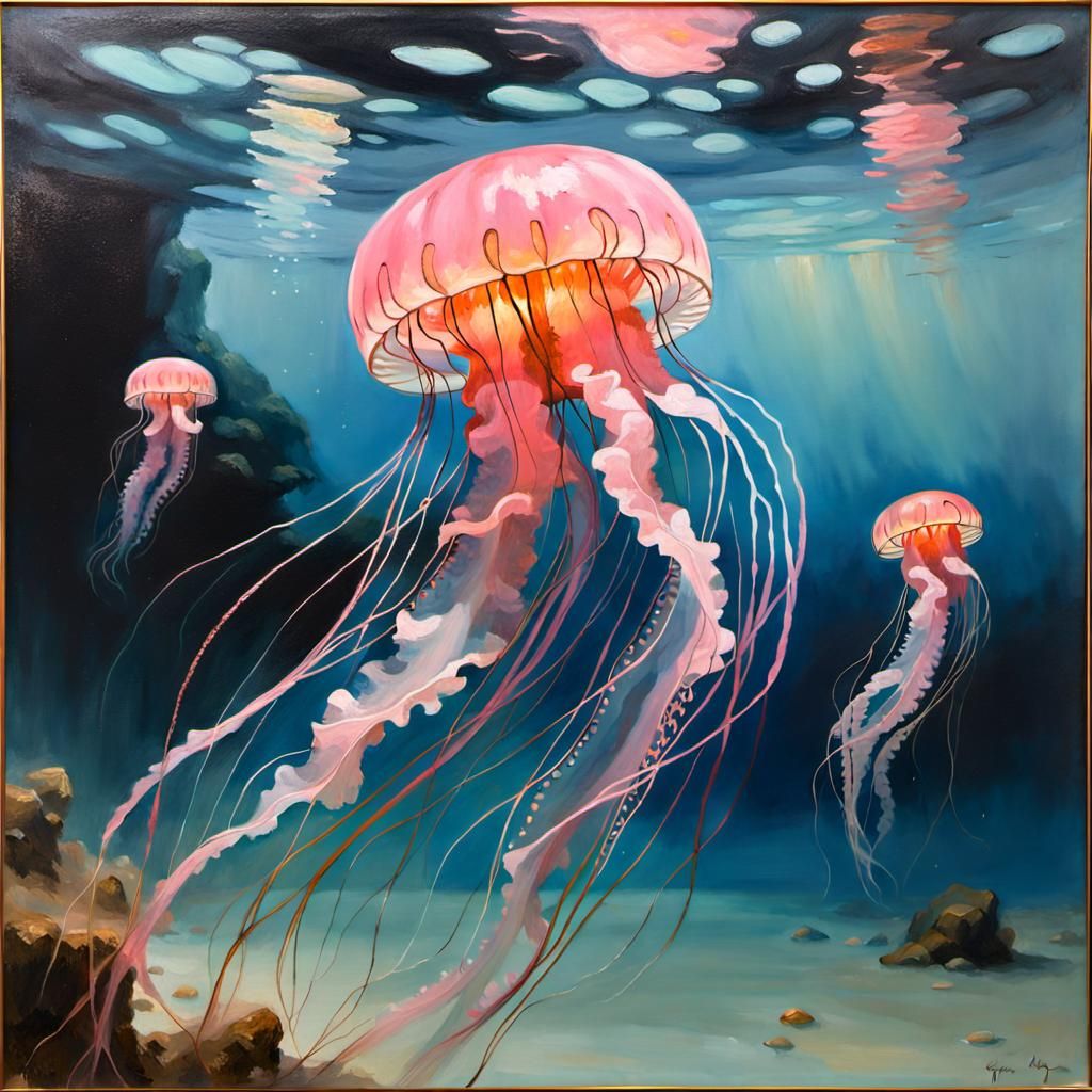 Bioluminescent Jellyfish: Vibrant Oil Painting of Ocean Life
