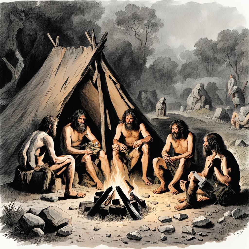 Cavemen Gather Around Fire in Prehistoric Camp