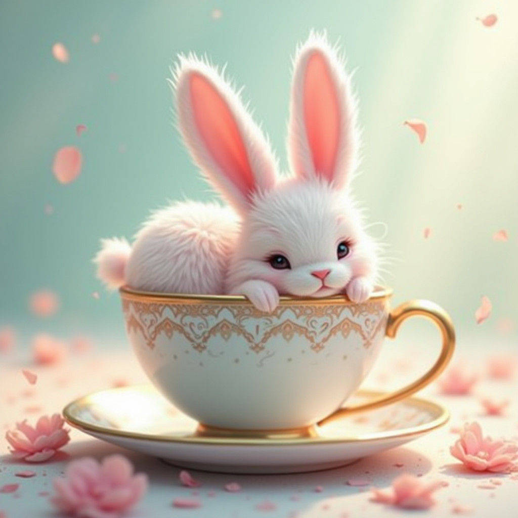 Whimsical Bunny in Golden Teacup, Iridescent Hues, and Encha...