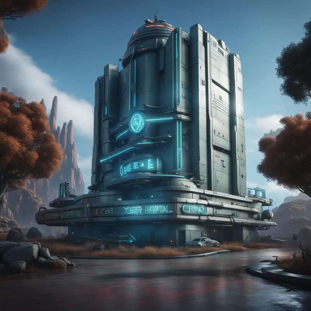 Cyber Hospital Exterior: Detailed Matte Painting