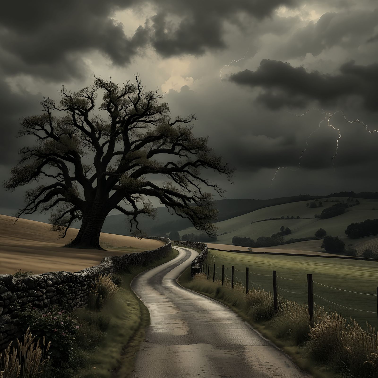 Stormy Dusk Over Country Road with Oak Tree