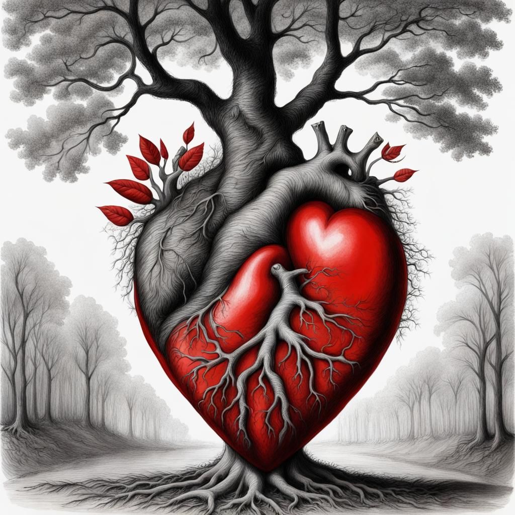 Tree Growing Through Heart: Pencil Drawing