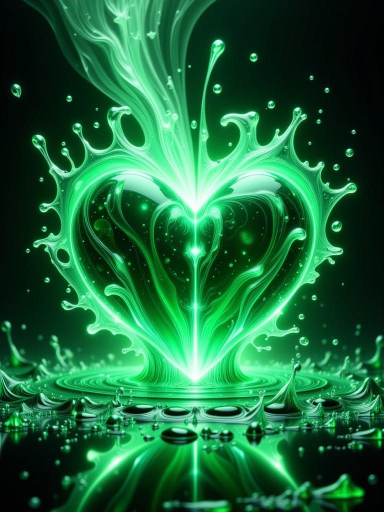 A heart‑shaped emerald gemstone violently melting into glowing neon‑green molten crystal. A toxic, electric aura surroun...