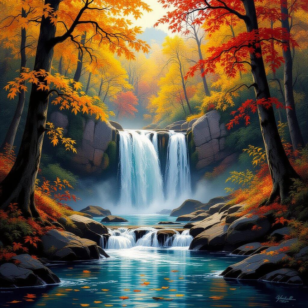 Autumn Waterfall in Vibrant Woodland