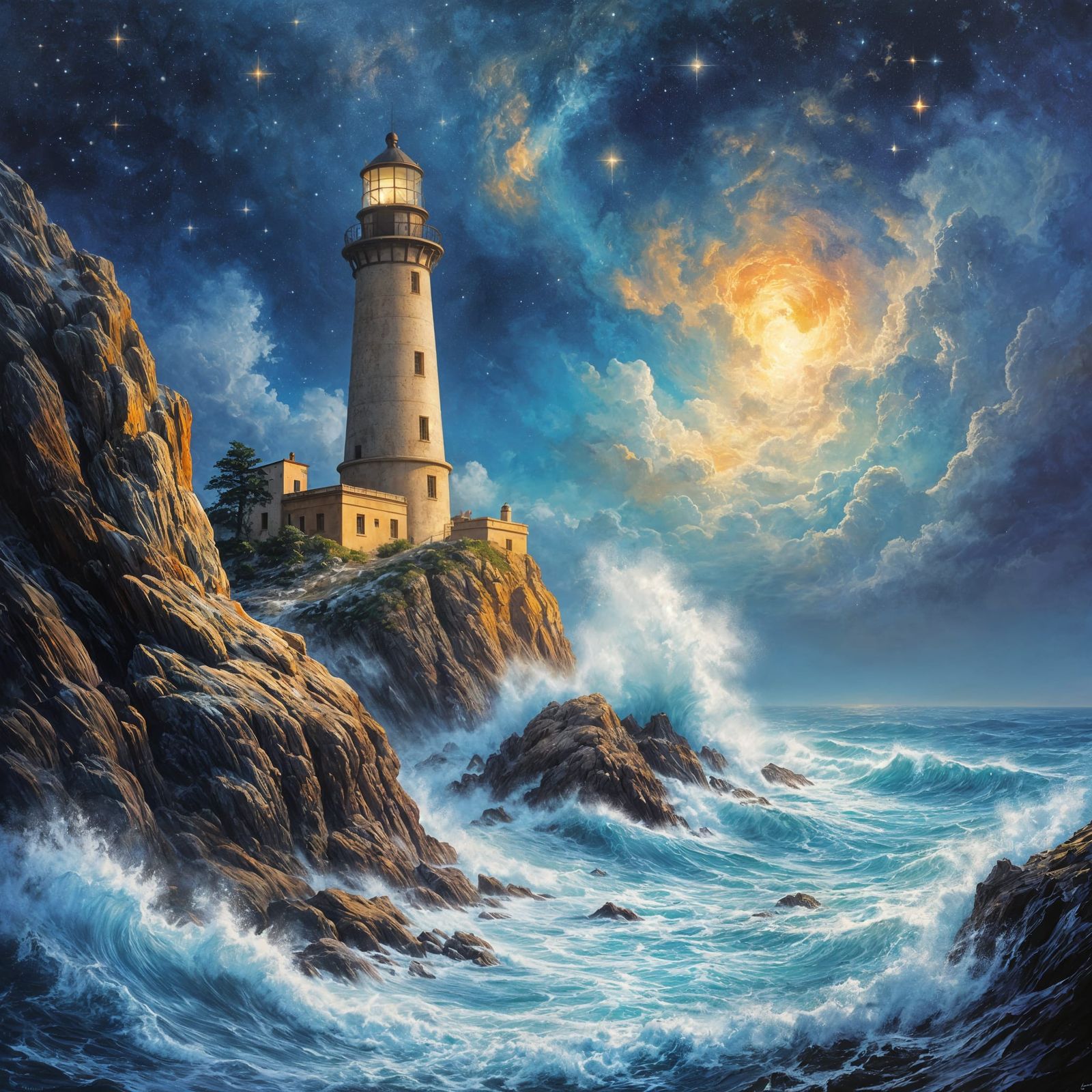 Ethereal Lighthouse Amidst Cosmic Waves