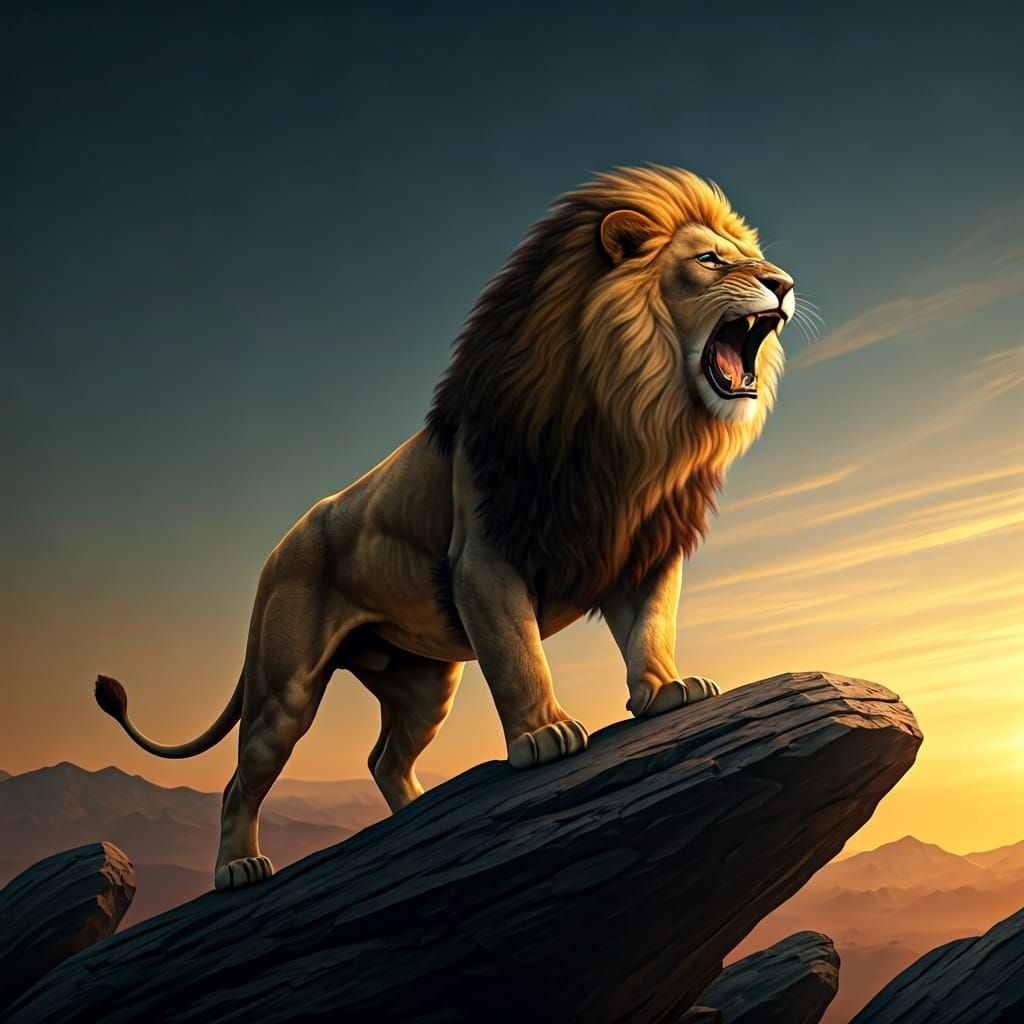 Realistic Roaring Lion on Rocky Outcrop