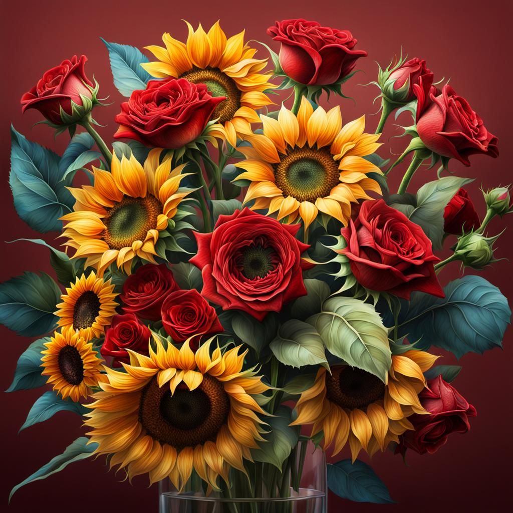 Hyperrealistic Bouquet of Sunflowers and Red Roses