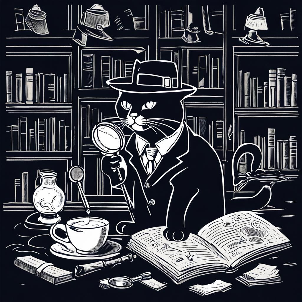 Noir Cat Detective Investigates Milk Crime Scene
