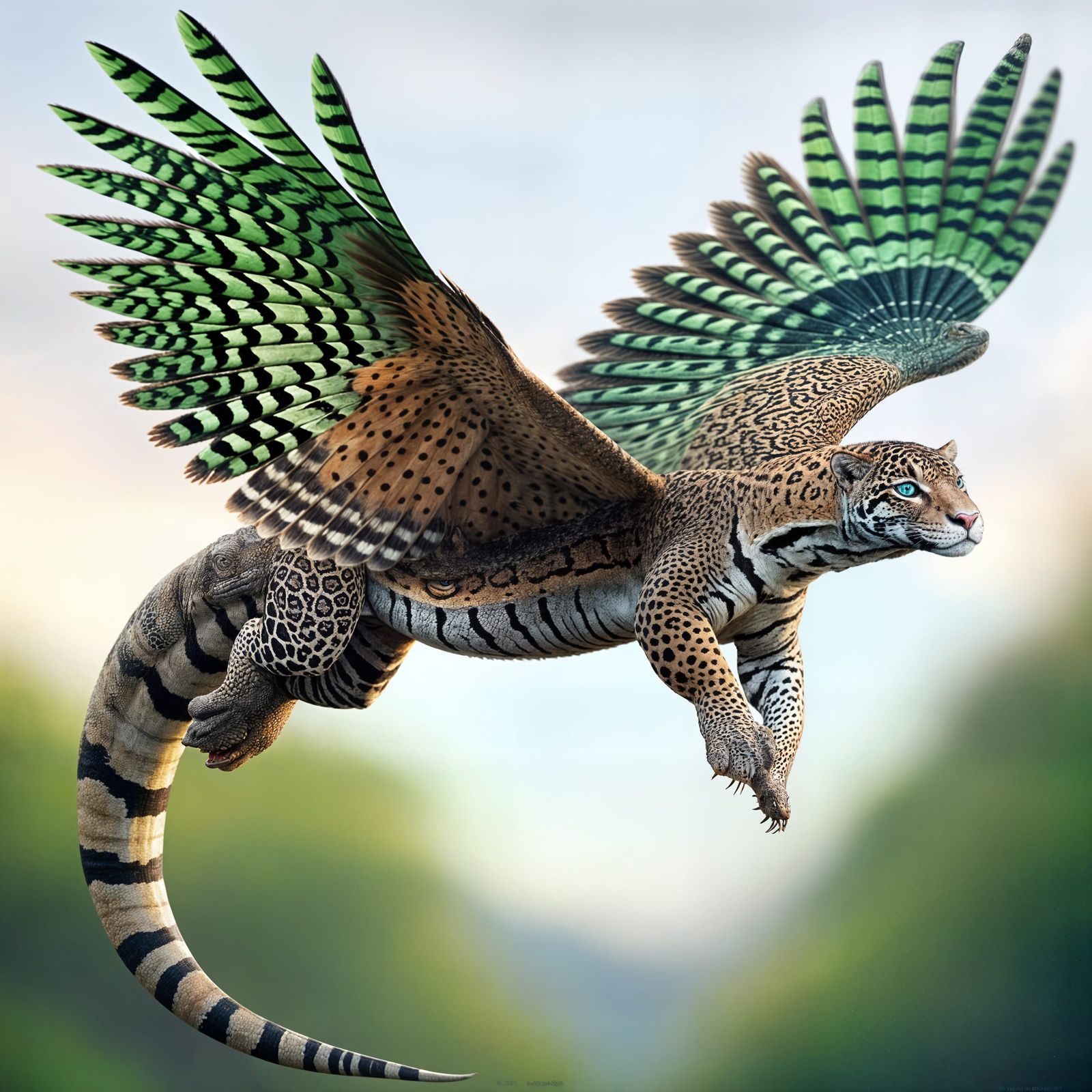 Flying Jaguar-Komodo Dragon Hybrid with Patterned Feathers