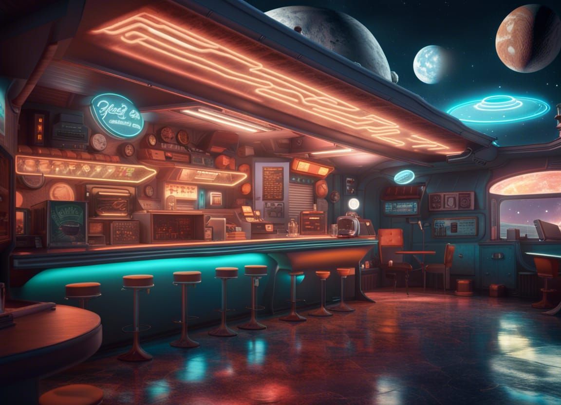 Retro Coffee Shop on Asteroid Belt in Space