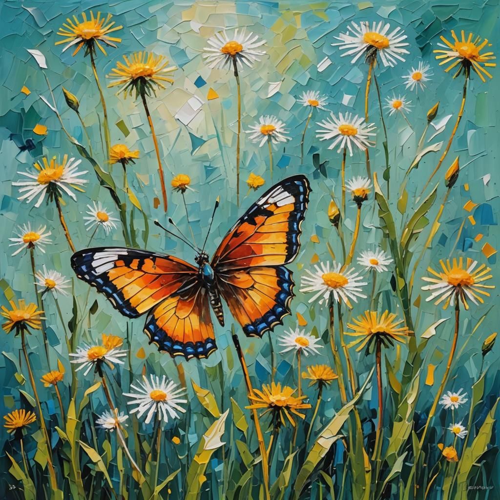 Butterfly on Dandelion: Neo-Impressionist Oil Painting