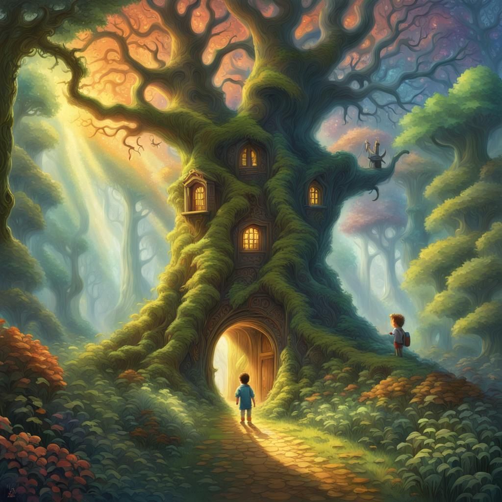 Boy and Magic Tree Portal to Fantasy World