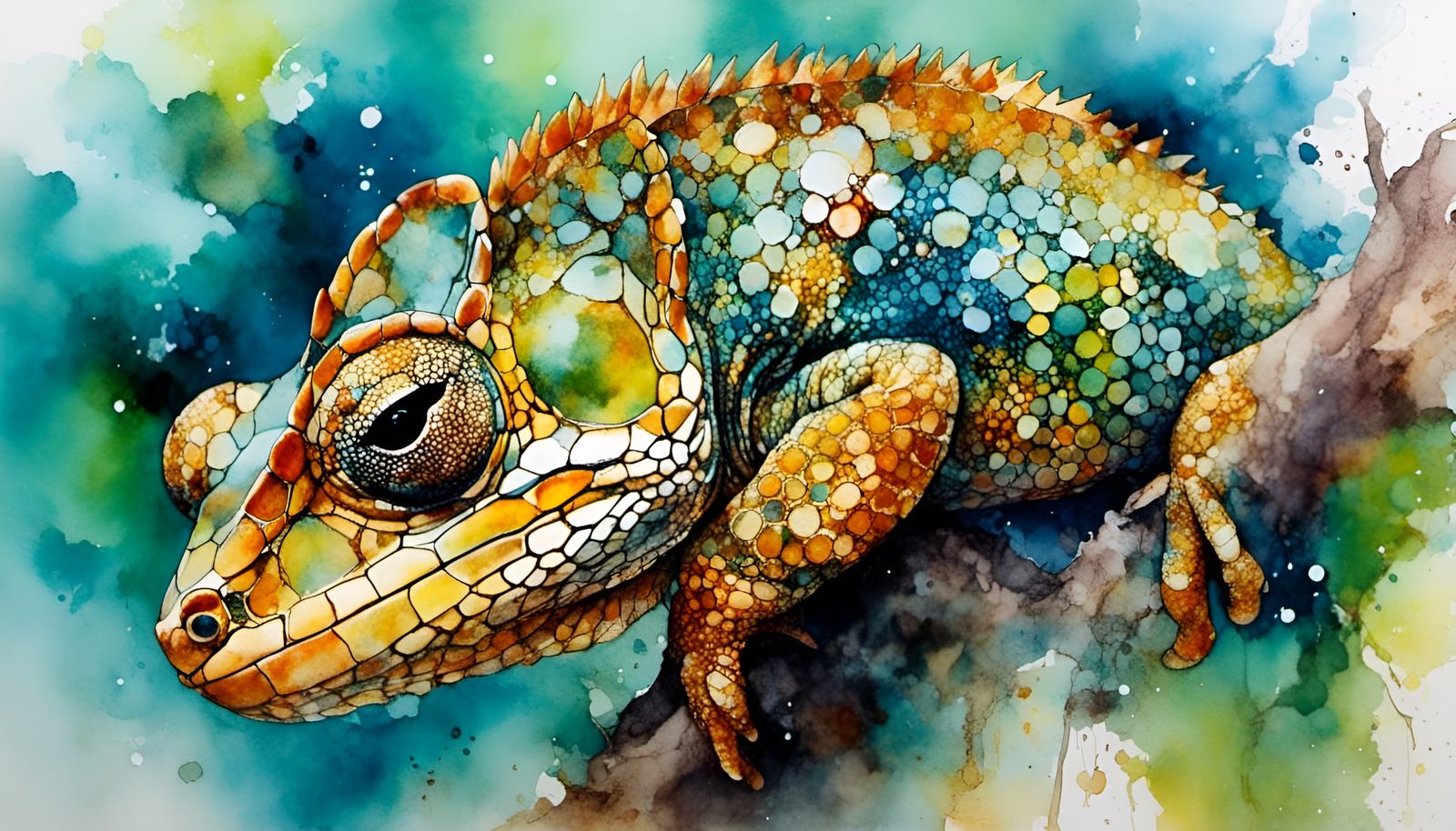 Realistic Chameleon Portrait in Alcohol Ink Style