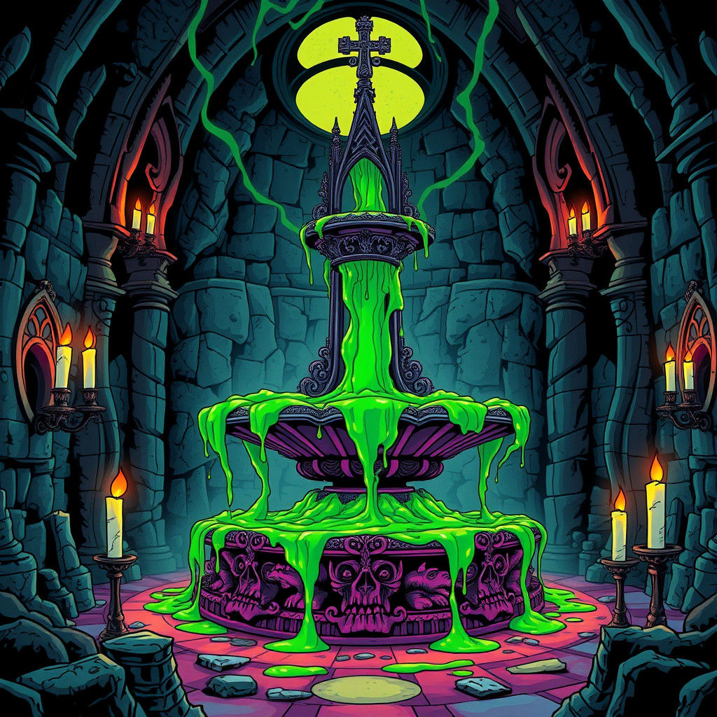 Gothic Mausoleum: Noxious Slime Fountain in 80s Cartoon Styl...