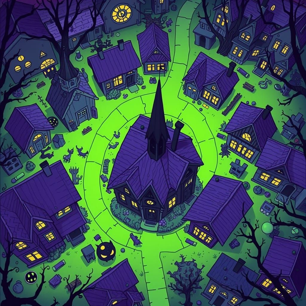 Spooky Retro Cartoon Town in Bird's Eye View