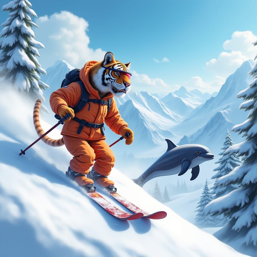Tiger Skiing Down Snowy Mountain Slope with Dolphin in Whims...
